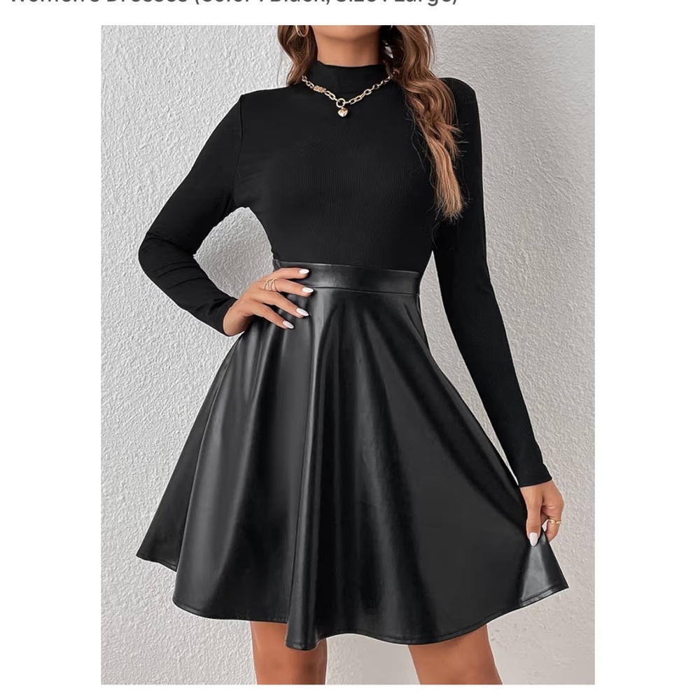 Black Long Sleeve Dress with Faux Leather Skirt